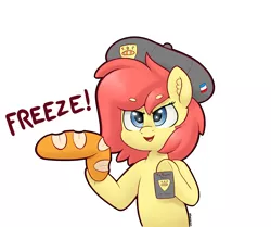 Size: 4000x3343 | Tagged: safe, artist:yelowcrom, derpibooru import, oc, oc:brushie, unofficial characters only, earth pony, pony, baguette, bread, clothes, ear fluff, female, food, image, mare, png, simple background, text, white background