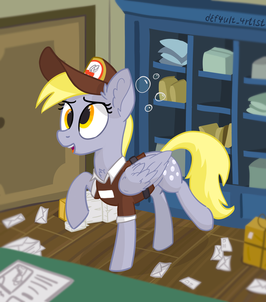 Size: 4000x4549 | Tagged: safe, artist:d3f4ult_4rt1st, derpibooru import, derpy hooves, pegasus, pony, blurry background, box, bubble, cabinet, chest fluff, cross-eyed, cute, derpabetes, ear fluff, female, hat, image, letter, mailmare, mailmare hat, mailmare uniform, mare, newspaper, open mouth, png, post office, raised hoof, solo, wing fluff, wings