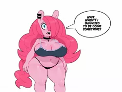 Size: 1800x1364 | Tagged: suggestive, artist:somescrub, derpibooru import, pinkie pie, anthro, belly button, big breasts, bra, breasts, busty pinkie pie, choker, cleavage, clothes, image, jpeg, open mouth, panties, speech bubble, thong, underwear, wide hips
