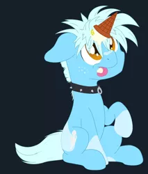 Size: 1700x2000 | Tagged: safe, artist:djdavid98, derpibooru import, oc, unofficial characters only, earth pony, pony, amber eyes, blue coat, coat markings, collar, commission, dark background, floppy ears, food, freckles, ice cream, ice cream cone, ice cream horn, image, jpeg, lemon, looking up, male, raised leg, simple background, sitting, socks (coat marking), solo, solo male, spiked collar, spiky mane, tongue out, ych result