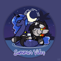 Size: 1000x1000 | Tagged: safe, artist:sugar morning, derpibooru import, oc, oc:moonshine, alcohol, animated, aviators, clothes, drink, eyes closed, floating, gif, gloves, hawaiian shirt, image, inflatable toy, latex, latex gloves, latex socks, latex stockings, moon, night, ocean, palm tree, piercing, pool toy, relaxing, rocking, shirt, socks, stars, stockings, sugar morning's summer vibes, summer, sunglasses, thigh highs, tree