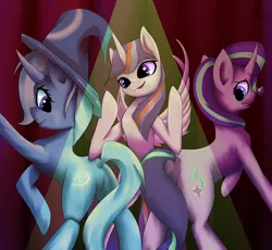 Size: 2154x1980 | Tagged: suggestive, artist:guatergau5, derpibooru import, starlight glimmer, trixie, twilight sparkle, twilight sparkle (alicorn), alicorn, pony, unicorn, bipedal, clothes, female, hat, image, png, trio, trio female, trixie's hat