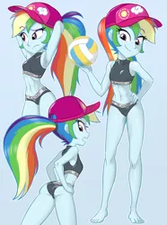 Size: 950x1280 | Tagged: suggestive, artist:ta-na, artist:ta-na edits, edit, rainbow dash, equestria girls, 2 handfuls of dem hips, abs, arm behind head, armpits, barefoot, baseball cap, beach ball, belly button, blacked, blue background, branded hem, breasts, butt, cap, clothes, delicious flat chest, feet, female, hat, image, legs, looking at you, looking back, looking back at you, looking down, looking over shoulder, maga hat, midriff, png, rainbow flat, rainbutt dash, sexy, simple background, smiling, sports, swimsuit, toes, volleyball