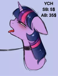 Size: 1574x2048 | Tagged: suggestive, artist:vaiola, derpibooru import, twilight sparkle, pony, unicorn, advertisement, auction, auction open, bdsm, blushing, bust, collar, commission, embarrassed, fetish, floppy ears, horn, image, jpeg, leash, open mouth, pet play, pettwi, portrait, sexy, simple background, sketch, solo, unicorn twilight, ych sketch, your character here, your character here auction