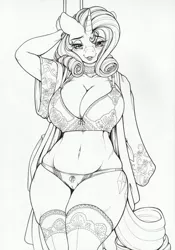 Size: 2446x3491 | Tagged: suggestive, artist:longinius, derpibooru import, rarity, anthro, pony, unicorn, bedroom eyes, belly button, big breasts, black and white, blushing, bra, breasts, busty rarity, cameltoe, choker, cleavage, clothes, eyebrows, eyebrows visible through hair, female, grayscale, grin, high res, image, lingerie, lipstick, looking at you, mare, monochrome, panties, png, robe, simple background, smiling, smiling at you, socks, solo, solo female, stockings, thigh highs, traditional art, underwear, white background
