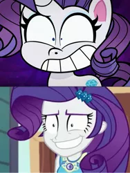 Size: 1717x2289 | Tagged: safe, derpibooru import, edit, screencap, rarity, human, pony, unicorn, bad thing no. 3, equestria girls, equestria girls series, my little pony: pony life, rollercoaster of friendship, spoiler:pony life s01e05, crazy face, faic, female, geode of shielding, grin, image, insanity, jpeg, magical geodes, pony life interpretation, same energy, smiling, solo, solo female
