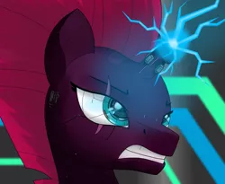 Size: 1280x1048 | Tagged: safe, artist:zocidem, derpibooru import, tempest shadow, pony, unicorn, augmented, cannon, charging, cyberpunk, horn, image, jpeg, lightning, magic, magic weapon, scar, solo, tempest gets her horn back