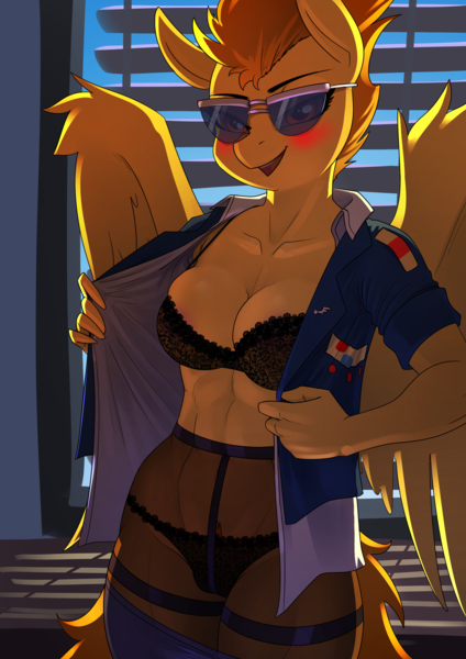 Size: 2480x3508 | Tagged: questionable, artist:chrysalisdraws, part of a set, spitfire, anthro, pegasus, black underwear, blushing, bra, breasts, clothes, female, image, lingerie, office, panties, png, pubic hair, solo, solo female, spread wings, stockings, sunglasses, thigh highs, underwear, undressing, uniform, wings, wonderbolts uniform