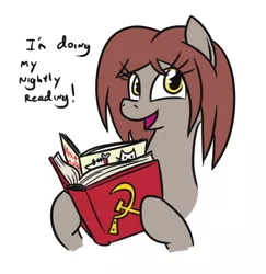 Size: 448x460 | Tagged: safe, artist:jargon scott, oc, oc:veronika, unofficial characters only, earth pony, pony, art pack:marenheit 451 afterparty stream, blatant lies, communism, communist manifesto, dialogue, earth pony oc, female, image, looking at you, mare, open mouth, png, solo