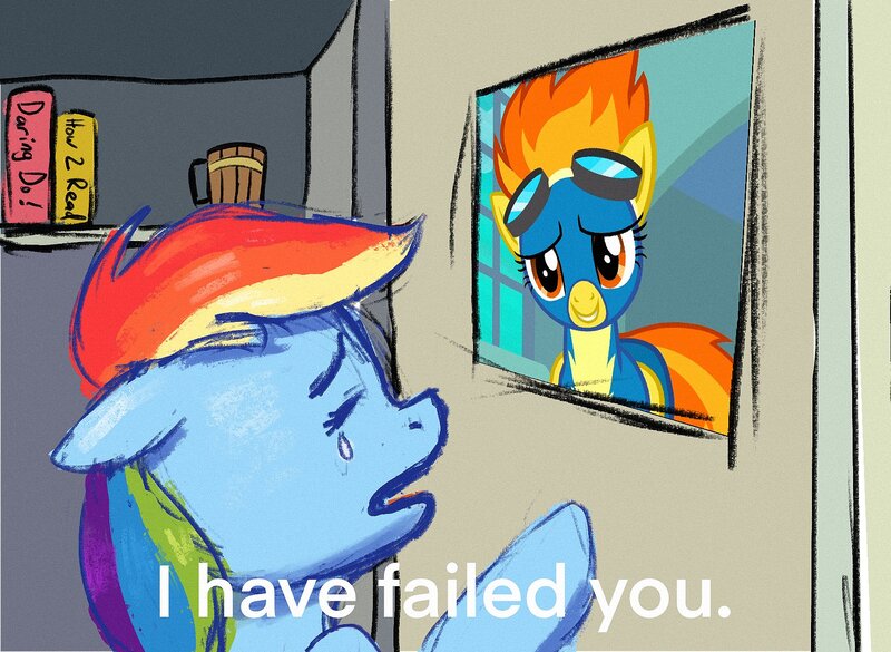 Size: 1766x1292 | Tagged: safe, artist:dummyhorse, derpibooru import, rainbow dash, spitfire, pegasus, pony, crying, dexter's laboratory, female, i have failed you, image, jpeg, mare, meme, solo