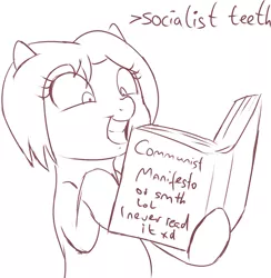 Size: 2716x2785 | Tagged: artist needed, safe, oc, oc:veronika, unofficial characters only, earth pony, pony, art pack:marenheit 451 afterparty stream, book, communism, communist manifesto, earth pony oc, female, image, mare, png, reading, smiling, socialist teeth, solo