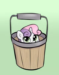 Size: 1492x1892 | Tagged: safe, artist:heretichesh, derpibooru import, sweetie belle, pony, unicorn, bucket, cute, diasweetes, female, filly, green background, image, jpeg, simple background, solo