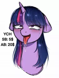 Size: 1457x1918 | Tagged: suggestive, artist:vaiola, derpibooru import, twilight sparkle, pony, unicorn, advertisement, ahegao, auction, behaving like a dog, blushing, bust, commission, drool, female, floppy ears, horn, image, jpeg, long mane, looking up, open mouth, pet play, pettwi, portrait, simple background, sketch, solo, tongue out, unicorn twilight, white background, ych example, ych sketch, your character here