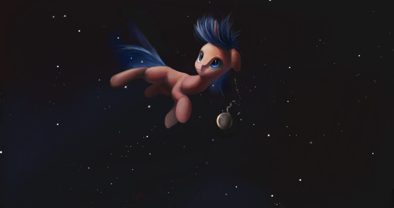 Size: 4096x2160 | Tagged: safe, artist:pegasus button, derpibooru import, oc, oc:red star, pony, unicorn, float, image, png, pocket watch, solo, starry sky, universe