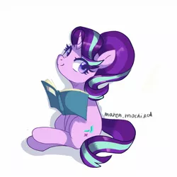 Size: 1280x1280 | Tagged: safe, artist:candy_5756, artist:maren, derpibooru import, starlight glimmer, pony, unicorn, book, image, jpeg, simple background, sitting, white background