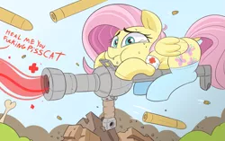 Size: 1859x1165 | Tagged: safe, artist:nignogs, fluttershy, pegasus, pony, art pack:marenheit 451 afterparty stream, bullet, clothes, dialogue, female, image, mare, medic, medigun, offscreen character, png, socks, solo, sweat, team fortress 2, teary eyes, vulgar, wings
