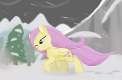 Size: 1280x832 | Tagged: safe, artist:sylphanscribe, derpibooru import, fluttershy, earth pony, pegasus, blizzard, image, jpeg, one eye closed, snow, snowfall, solo, wind, windswept mane