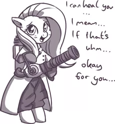 Size: 2601x2815 | Tagged: artist needed, safe, fluttershy, pegasus, pony, art pack:marenheit 451, /mlp/, bipedal, clothes, coat, dialogue, female, image, looking at you, mare, medic, medigun, open mouth, png, solo, team fortress 2