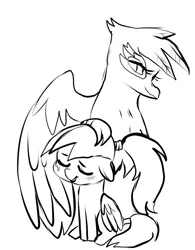 Size: 1161x1489 | Tagged: artist needed, safe, gilda, oc, oc:luftkrieg, gryphon, pegasus, pony, art pack:marenheit 451 afterparty stream, eyes closed, female, filly, image, jpeg, pegasus oc, petting, sitting, sketch, tail wrap, wings