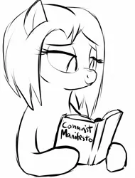Size: 1071x1410 | Tagged: artist needed, safe, oc, oc:veronika, unofficial characters only, earth pony, pony, art pack:marenheit 451 afterparty stream, communism, communist manifesto, earth pony oc, female, image, jpeg, lidded eyes, mare, reading, sketch, smiling, solo