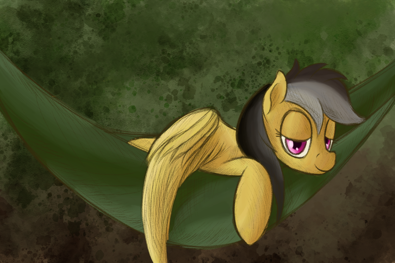 Size: 1425x950 | Tagged: safe, artist:ahorseofcourse, derpibooru import, daring do, pegasus, pony, female, hammock, image, lidded eyes, missing accessory, png, solo