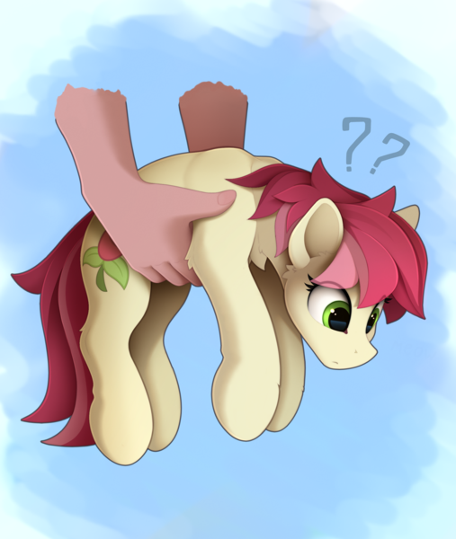 Size: 1810x2140 | Tagged: safe, artist:yakovlev-vad, derpibooru import, roseluck, earth pony, human, pony, behaving like a cat, confused, cute, disembodied hand, female, hand, holding a pony, image, it's dangerous to go alone, mare, offscreen character, png, question mark, rosabetes