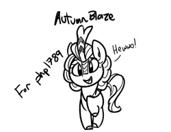 Size: 1115x859 | Tagged: safe, artist:lyrabop, autumn blaze, kirin, art pack:marenheit 451 afterparty stream, cute, dialogue, female, hewwo, image, looking at you, mare, open mouth, png, raised hoof, solo
