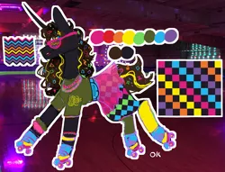 Size: 2701x2064 | Tagged: safe, artist:oreothegreat, derpibooru import, oc, oc:retro roller, unofficial characters only, pony, unicorn, 80s, bracelet, clothes, eyeshadow, female, glasses, high res, horn, image, jewelry, makeup, mare, necklace, open mouth, pants, png, raised hoof, raised leg, reference sheet, roller skates, shirt, shutter shades, skirt, socks, solo, t-shirt, unicorn oc, wristband