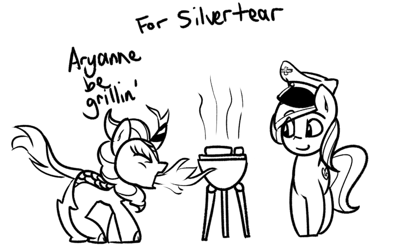 Size: 1214x760 | Tagged: safe, artist:lyrabop, autumn blaze, oc, oc:aryanne, earth pony, kirin, pony, art pack:marenheit 451 afterparty stream, breathing fire, duo, earth pony oc, female, grill, grilling, hat, image, mare, nazi, png, sketch, swastika