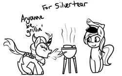 Size: 1214x760 | Tagged: safe, artist:lyrabop, autumn blaze, oc, oc:aryanne, earth pony, kirin, pony, art pack:marenheit 451 afterparty stream, breathing fire, duo, earth pony oc, female, grill, grilling, hat, image, mare, nazi, png, sketch, swastika