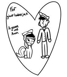 Size: 778x889 | Tagged: safe, artist:lyrabop, oc, oc:anon, oc:aryanne, unofficial characters only, earth pony, human, pony, art pack:marenheit 451 afterparty stream, clothes, earth pony oc, female, hat, heart, image, male, mare, nazi, png, sitting, sketch, smiling