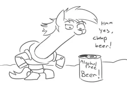 Size: 637x430 | Tagged: safe, artist:jargon scott, oc, unofficial characters only, earth pony, pony, art pack:marenheit 451 afterparty stream, alcohol free beer, bipedal, can, dialogue, image, png