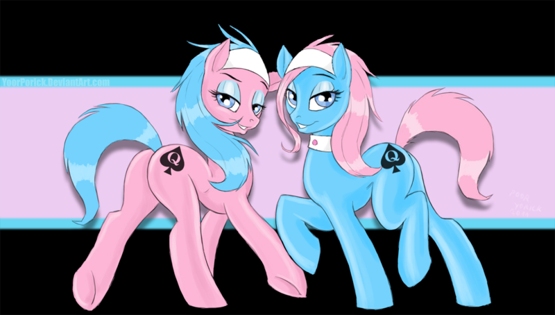 Size: 1250x710 | Tagged: suggestive, artist:pooryorick, edit, aloe, lotus blossom, earth pony, pony, abstract background, alternate cutie mark, bedroom eyes, blacked, butt, duo, duo female, female, image, mare, open mouth, plot, png, queen of spades, smiling, spa twins, underhoof