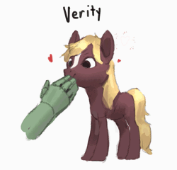 Size: 723x694 | Tagged: safe, artist:rhorse, edit, editor:hotkinkajou, oc, oc:anon, ponified, ponified:verity, human, pony, art pack:marenheit 451 post-pack, animated, disembodied hand, female, filly, gif, hand, heart, image, snoot rubbing, verity
