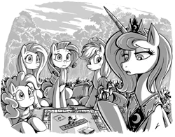 Size: 1024x802 | Tagged: safe, artist:jowybean, derpibooru import, applejack, fluttershy, pinkie pie, princess luna, rarity, fanfic:the immortal game, fanfic art, grayscale, image, monochrome, monopoly, png