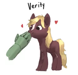 Size: 1000x960 | Tagged: safe, artist:rhorse, oc, oc:anon, ponified, ponified:verity, earth pony, human, pony, art pack:marenheit 451 post-pack, disembodied hand, female, filly, hand, heart, image, png, simple background, smiling, snoot rubbing, stripe (coat marking), verity, white background
