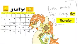 Size: 1790x1018 | Tagged: safe, artist:skookz, derpibooru import, oc, oc:thursday, unofficial characters only, earth pony, pony, calendar, cloak, clothes, drawthread, female, flower, image, implied anon, looking at you, mare, png, simple background, solo, speech bubble, sunflower, text, thursday, weekday ponies, white background