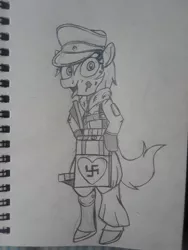 Size: 1932x2576 | Tagged: artist needed, safe, oc, oc:aryanne, unofficial characters only, earth pony, pony, semi-anthro, art pack:marenheit 451 post-pack, bipedal, blood, clothes, earth pony oc, gun, hat, image, jpeg, looking at you, nazi, open mouth, swastika, tongue out, traditional art, weapon