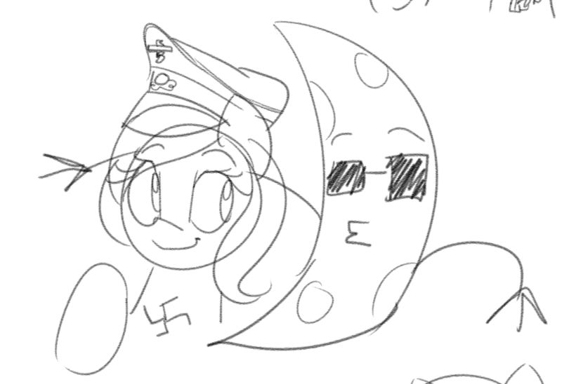 Size: 917x628 | Tagged: safe, artist:lyrabop, oc, oc:aryanne, unofficial characters only, earth pony, pony, art pack:marenheit 451 charity stream, crescent moon, duo, earth pony oc, female, hat, image, mare, moon, moon man, nazi, nazipone, png, sketch, sunglasses, swastika