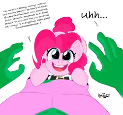 Size: 3702x3462 | Tagged: safe, artist:datzigga, derpibooru import, pinkie pie, oc, oc:anon, earth pony, human, pony, cute, dialogue, diapinkes, image, looking at you, looking up, looking up at you, offscreen character, png, pov, text
