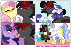 Size: 1280x856 | Tagged: suggestive, artist:moisesgrafic, derpibooru import, fluttershy, princess celestia, rarity, twilight sparkle, oc, oc:varan, blushing, canon x oc, comic, commission, eyes closed, eyes open, female, french kiss, furry, image, jpeg, kissing, male, onomatopoeia, shipping, simple background, size difference, sound effects, straight, tongue out, tongue wrestling