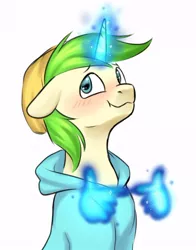 Size: 514x657 | Tagged: safe, artist:megabait, derpibooru import, oc, oc:markov, unofficial characters only, pony, unicorn, 4chan, blue hoodie, green hair, image, is for me, jpeg, magic, meme, yellow hat