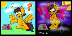 Size: 8267x4133 | Tagged: safe, artist:max rider, derpibooru import, oc, oc:firestorm metallic, bat pony, pegasus, pony, bat pony oc, bat wings, button, curious, day, female, females only, image, mare, moon, night, pegasus oc, png, surprised, wings