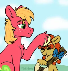 Size: 1400x1450 | Tagged: safe, artist:pink-pone, derpibooru import, big macintosh, oc, oc:rye wheat, pony, banjo, colt, father and child, father and son, freckles, image, male, musical instrument, offspring, parent:big macintosh, parent:tree hugger, parents:treemac, png