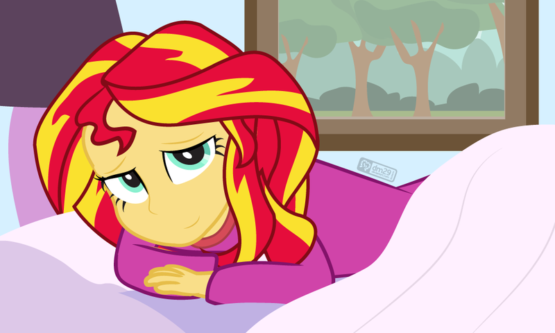 Size: 1000x600 | Tagged: safe, artist:dm29, derpibooru import, sunset shimmer, equestria girls, bed, clothes, good morning, image, on bed, pajamas, png, smiling, solo