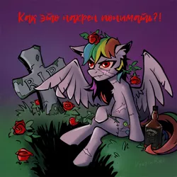 Size: 1000x1000 | Tagged: safe, artist:vyazinrei, derpibooru import, oc, oc:candy clumsy, unofficial characters only, pegasus, pony, undead, zombie, alcohol, cyrillic, female, flower, gravestone, image, jpeg, mare, russian, sitting, translated in the description, whiskey