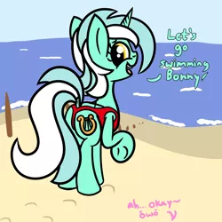 Size: 2000x2000 | Tagged: safe, artist:dafiltafish, derpibooru import, bon bon, lyra heartstrings, sweetie drops, pony, unicorn, comic:day by day, beach, clothes, dialogue, female, image, implied bon bon, lesbian, lyrabon, ocean, png, shipping, swimsuit