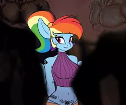 Size: 2400x2000 | Tagged: suggestive, artist:elzzombie, edit, rainbow dash, anthro, human, belly button, blacked, breasts, clothes, dark skin, ear piercing, earring, faceless male, human edit, image, imminent sex, implied interspecies, jewelry, male, midriff, offscreen character, panties, piercing, png, ponytail, queen of spades, sex, surrounded, sweat, tattoo, thong, to be continued, underwear, womb tattoo
