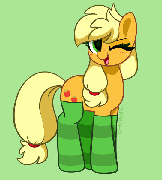 Size: 4176x4640 | Tagged: safe, artist:kittyrosie, derpibooru import, applejack, earth pony, pony, blushing, clothes, cute, female, green background, hatless, image, jackabetes, mare, missing accessory, png, redraw, simple background, socks, solo, striped socks