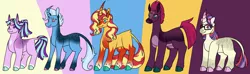 Size: 6360x1885 | Tagged: safe, artist:eonionic, derpibooru import, moondancer, starlight glimmer, sunset shimmer, tempest shadow, trixie, pony, curved horn, horn, image, png